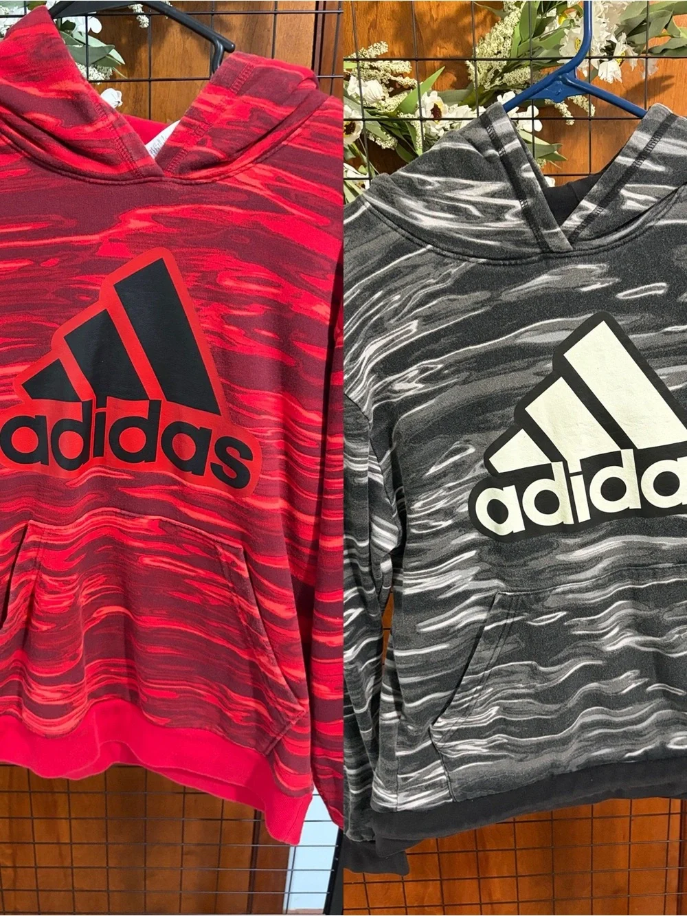 2 adidas Kids Red & Gray Marbled Hoodies with Bold Logo